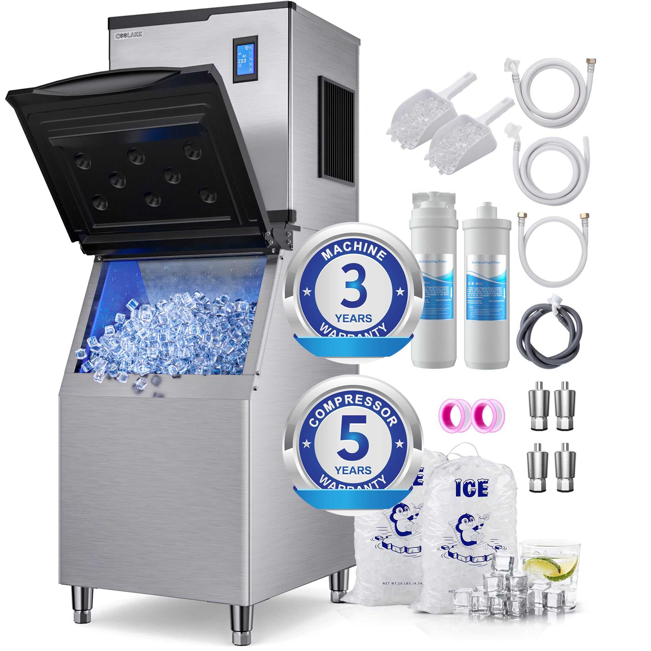 Coolake Commercial Ice Maker Machine 400lbs/24H with 300lbs Large